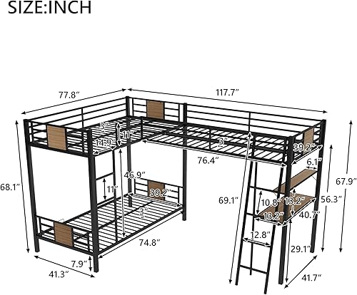 Miniatura 80 de Litera en forma de L individual sobre cama matrimonial adjunta, litera triple de metal con escritorio y tobogán integrados, marco de literas de
