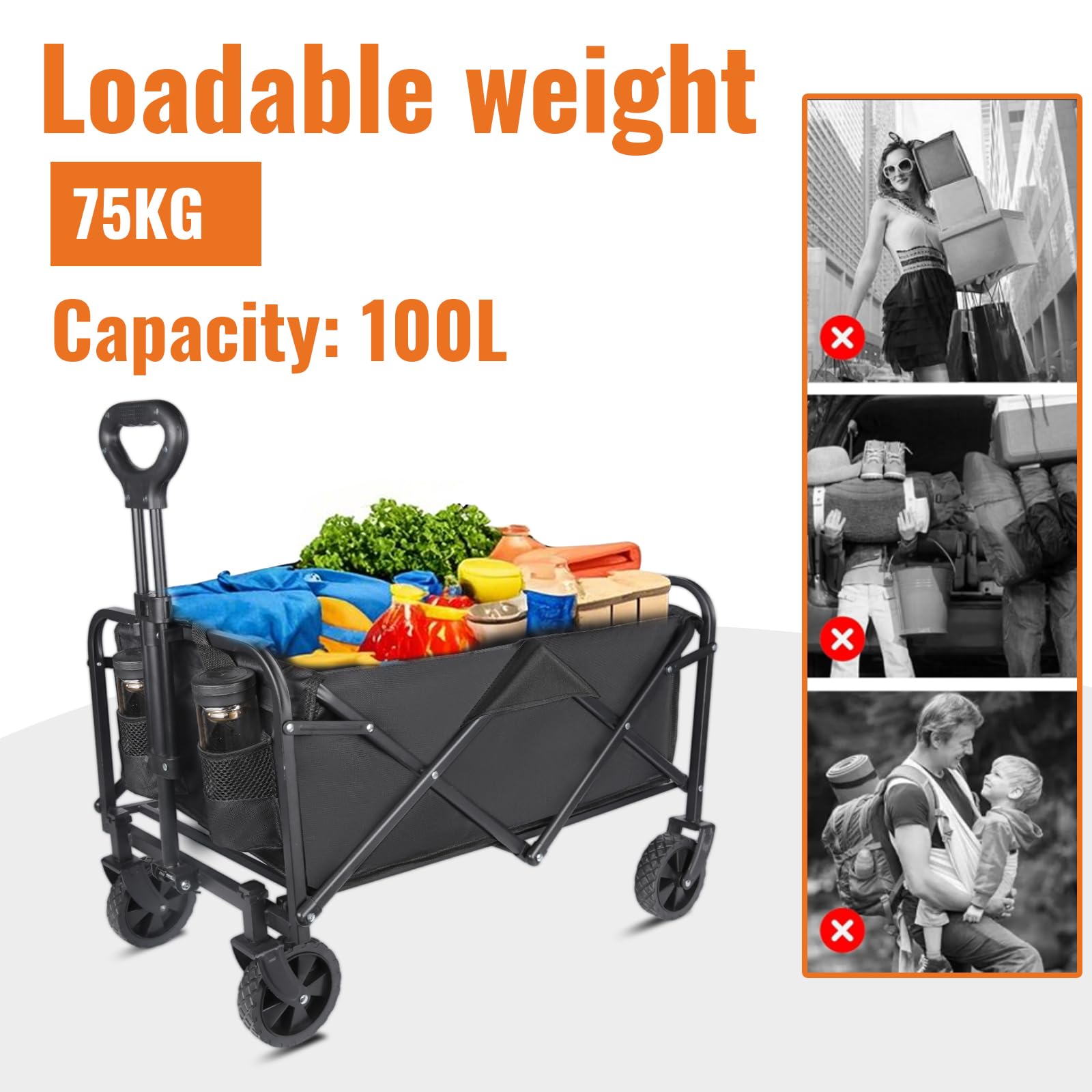 Carretto pieghevole piccolo 70 l, 75 kg, robusto carrello pieghevole con manico regolabile in altezza e tasca laterale, carrello da giardino per tutti i terreni, per campeggio, shopping (nero)
