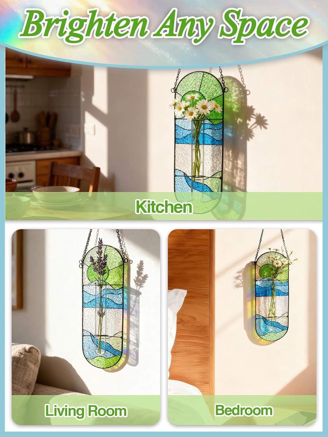Stained Glass Plant Propagation Stations - Handmade Sunshine Catcher Hydroponic Planter Window Hanging with Glass Tubes, Terrarium Decor Gifts for Women Mom Plant Lovers, Green - Image 7