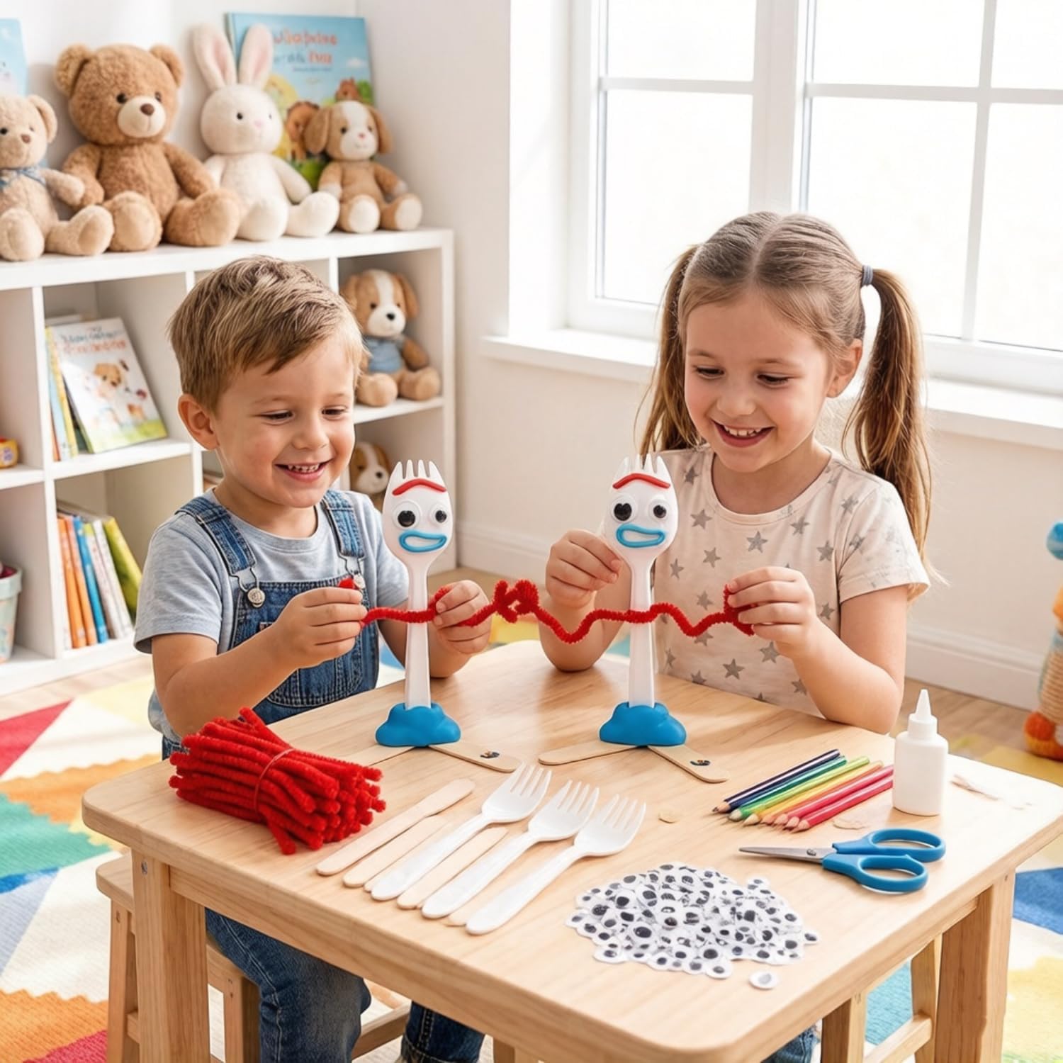 Fork Creativity Set, 100 Sets Forky DIY Creative Crafts Pack Plastic Sporks Red Pipe Cleaners Googly Eyes Popsicle Stick