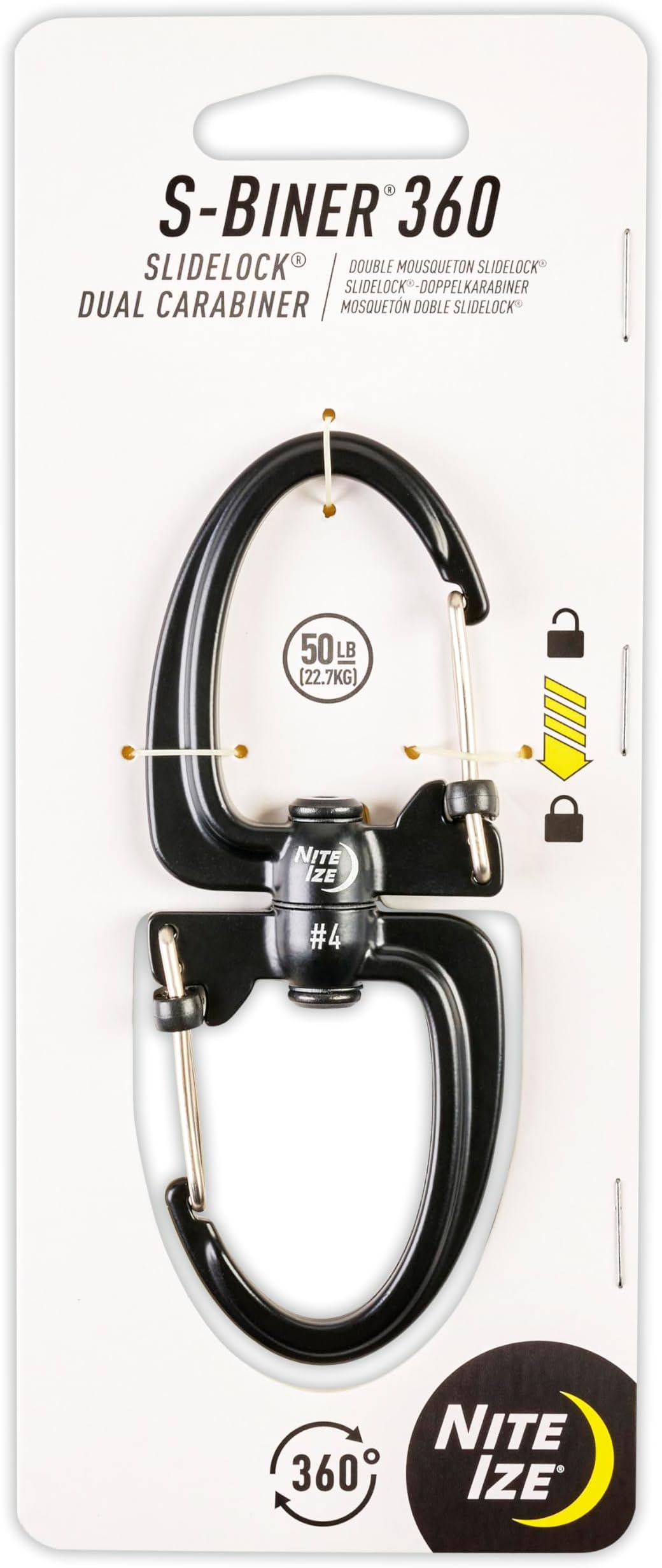 Biner 360 SlideLock Dual Carabiner, Swivel Carabiner for Keys and Gear 50 lbs, Size #4