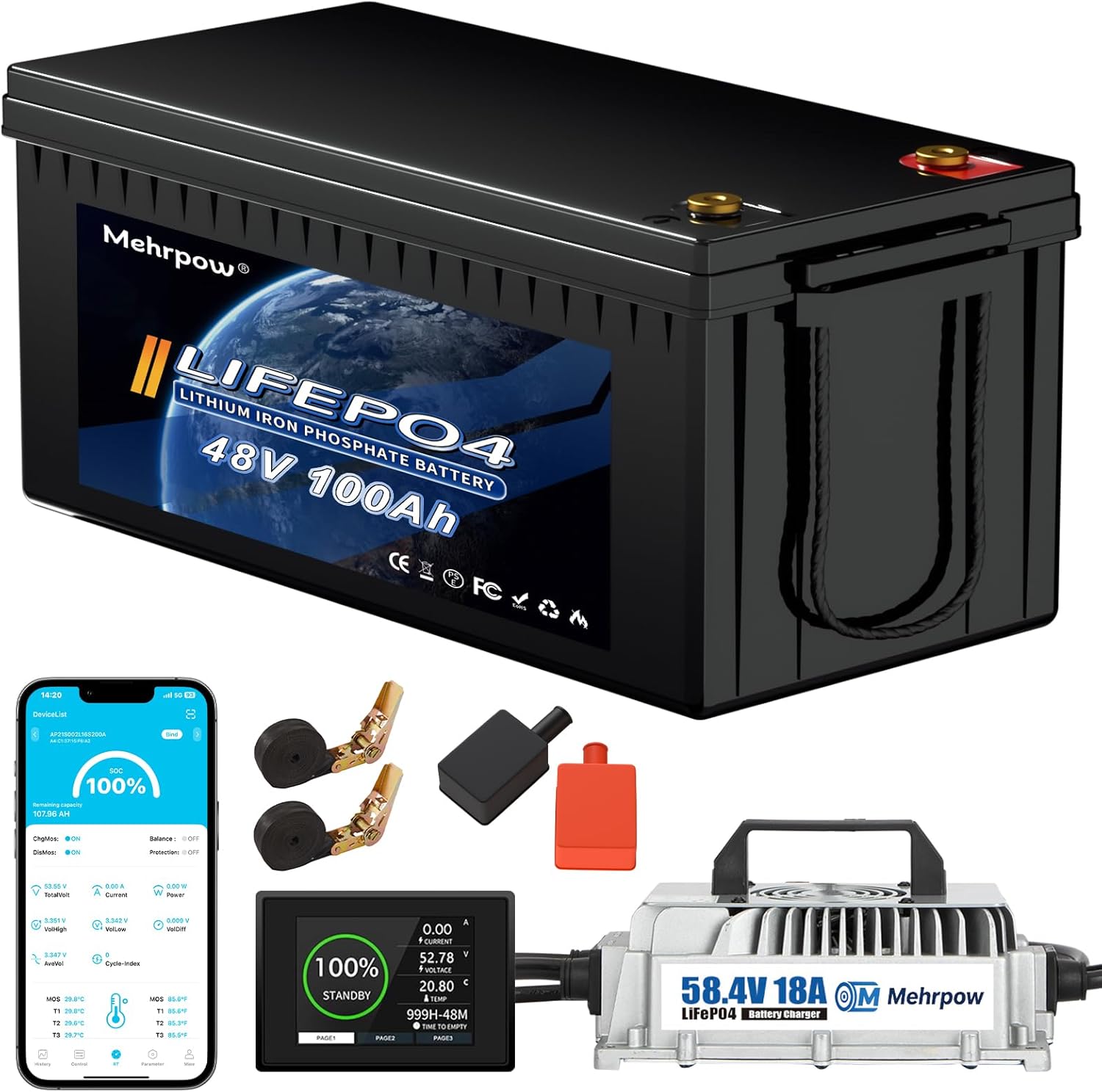 48V Lithium Battery Golf Cart Batteries Kit with Smart 200A BMS 58.4V 18A Charger Touch Monitor & Mobile APP 10000 Cycles 48V 100Ah LiFePO4 Battery Peak Current 1000A(3-5s) for Club Car, EZGO, Yamaha