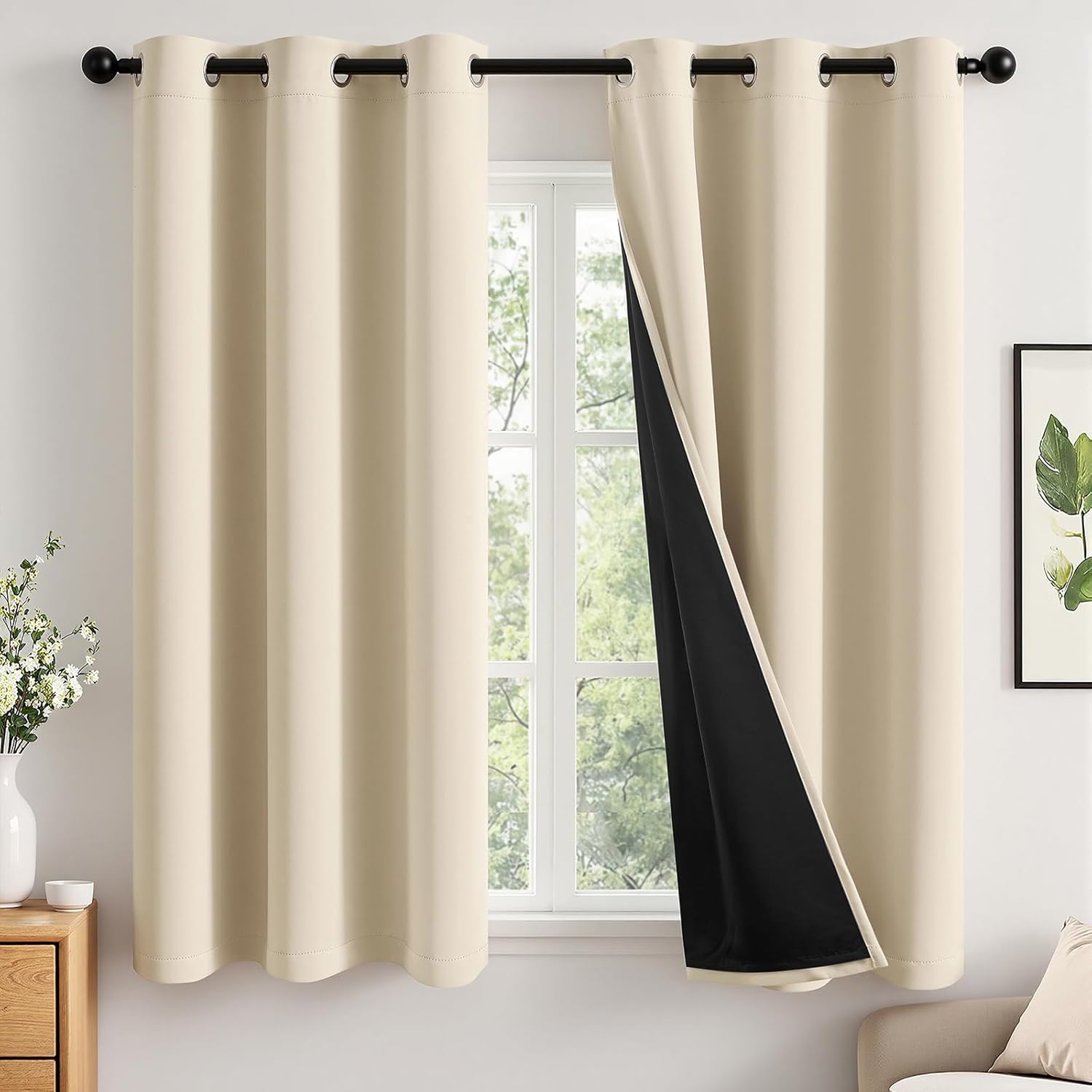 MIULEE Cream Beige 100% Blackout Curtains for Bedroom 63 Inch Long, 2 Thick Layers Thermal Insulated Black Out Window Curtains with Black Liner, Noise Reducing Grommet Living Room Drapes 2 Panels Set