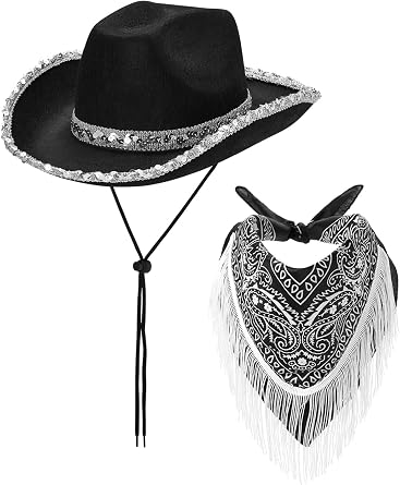 Women Wide Brim Glitter Hat Adjustable Chin Strap Cowboy Hats Western Cowgirl Hat with Bling Bandana