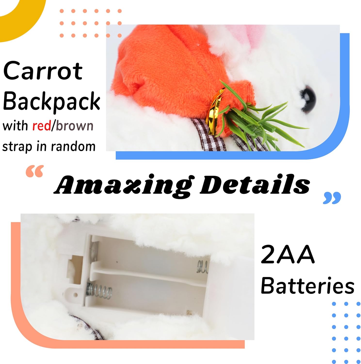 Hopearl Hopping Rabbit with LED Ears Carrot Backpack Interactive Plush Bunny Toy with Sounds Animated Walking Wiggle Light up Ears Twitch Nose Gift for Toddlers, White, 7'' LED Ears Carrot Bunny-White image 7 of 8 B0D86FNW6D