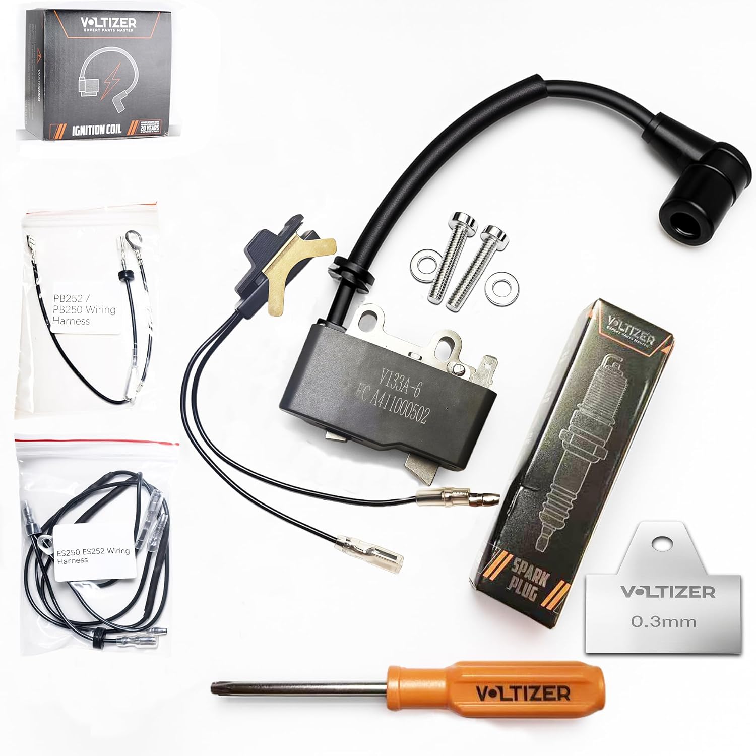 VOLTIZER Ignition Coil A411000502, Replaces A411000500 A411000501, Fits Echo ES-250 ES-252 PB-250 PB-250LN PB-252 Blowers, Includes Wiring Harness, Spark Plug, Ignition Switch & Tools, Engine Tested