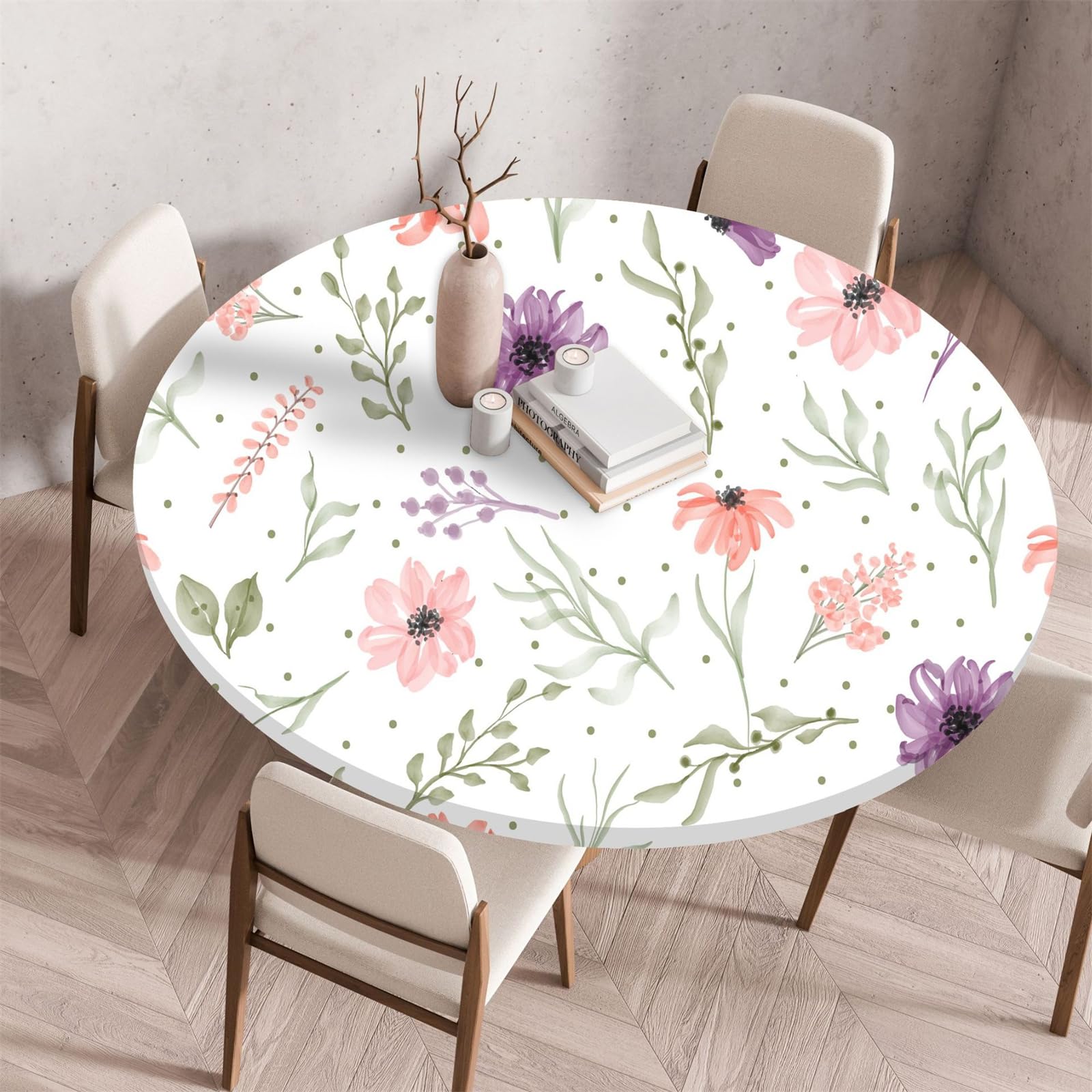Muiuou Round Tablecloth, Flower Printing Waterproof Wipeable Table Cover Elastic Edge, Reusable Round Table Cover Cloth, Fitted Kitchen Restaurant Home Decoration (Diameter 120cm,Flower 3)
