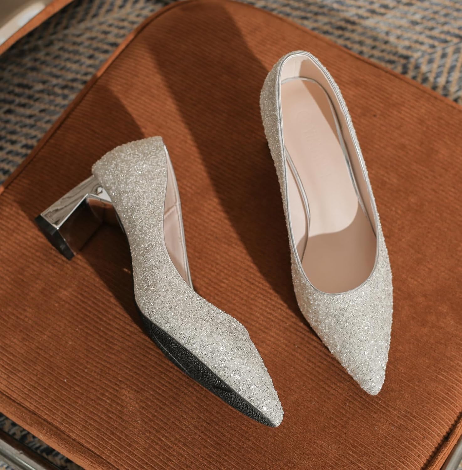 YooPrettyz Women Shimmery Mid Heels Wedding Pointed Toe Sequined Evening Bridal Dress Block Heels Shoes