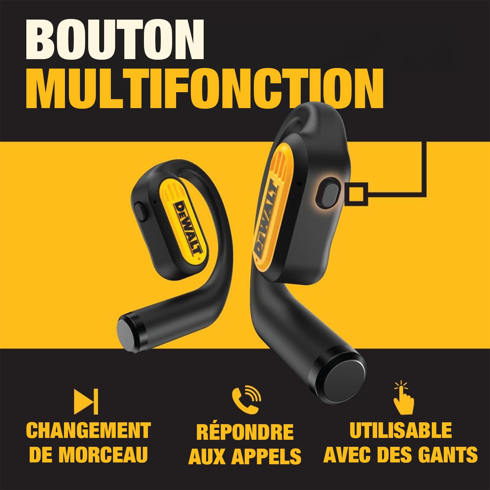 DEWALT Jobsite Écouteurs Ouverts très résistants Bluetooth 5.3 sans Fil avec 44 Heures d'autonomie, Son de qualité supérieure, véritable Conduction d'air sans Fil, écouteurs Ouverts avec Crochets