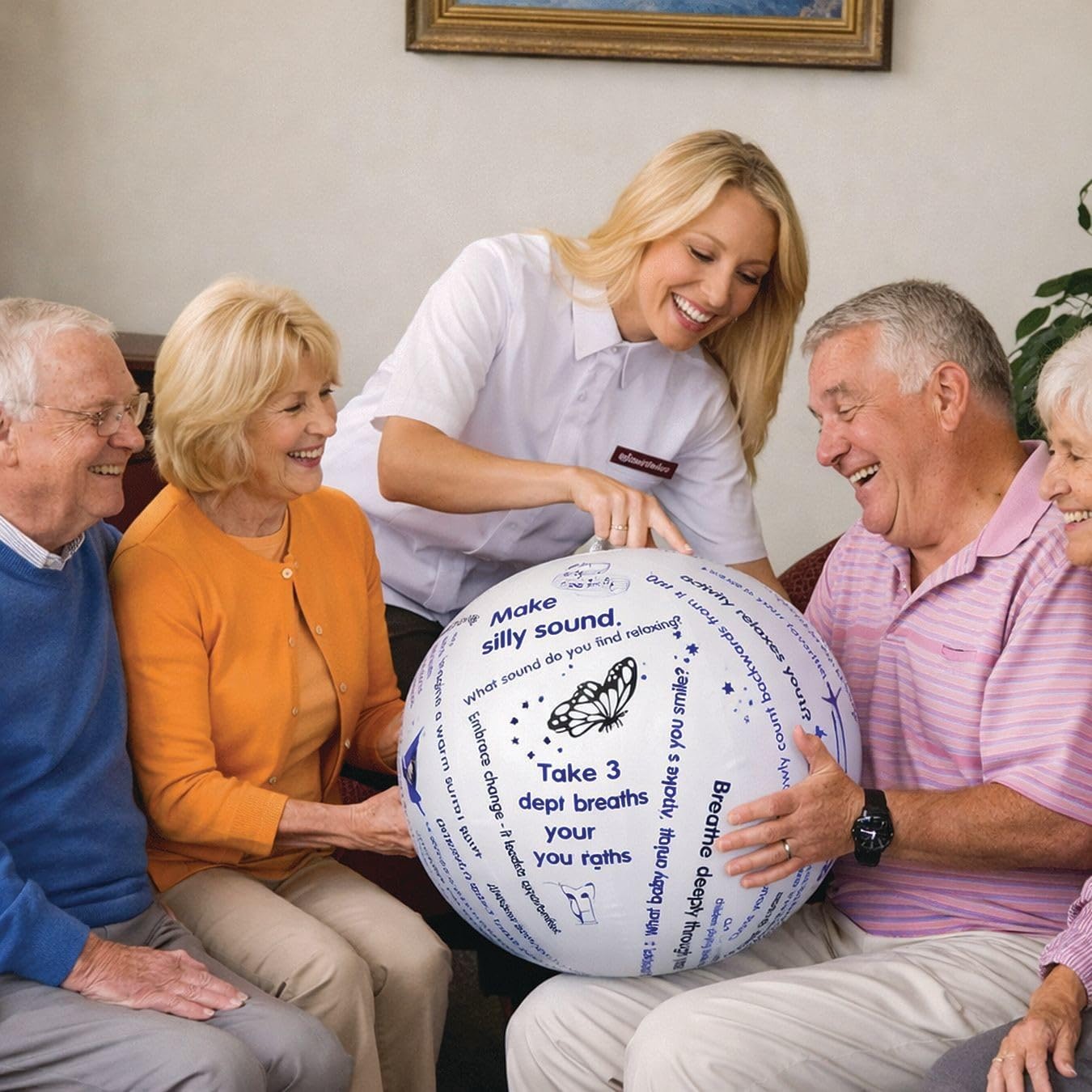S&S Worldwide Toss 'n Talk-About Relaxation Ball. Beach Ball Style Ball, 24" Flat Diameter. Printed with Instructions or Questions to Encourage Social Interaction, Reminiscing, Relaxation, & More.