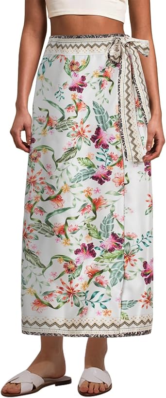 Womens Floral Print Wrap Skirts Boho Tie Knot Skirt High Waist Causal Cute Flower Graphic Long Skirts Beachwear 2025
