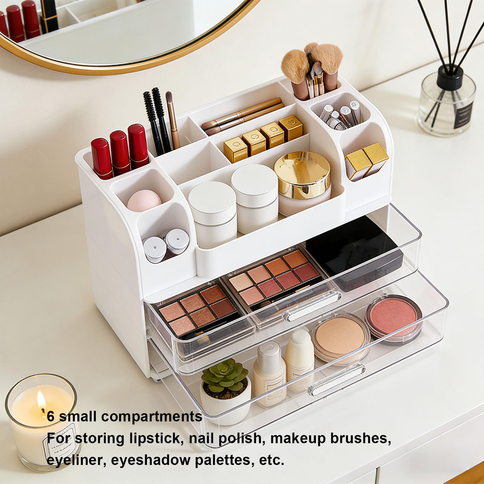 Organizer per Trucchi con Cassetti, Vetrina per Cosmetici da Banco, Organizer Porta Pennelli con Rossetto, Cura della Pelle e Profumo, Ideale per la Toeletta della Camera da Letto, il Bagno
