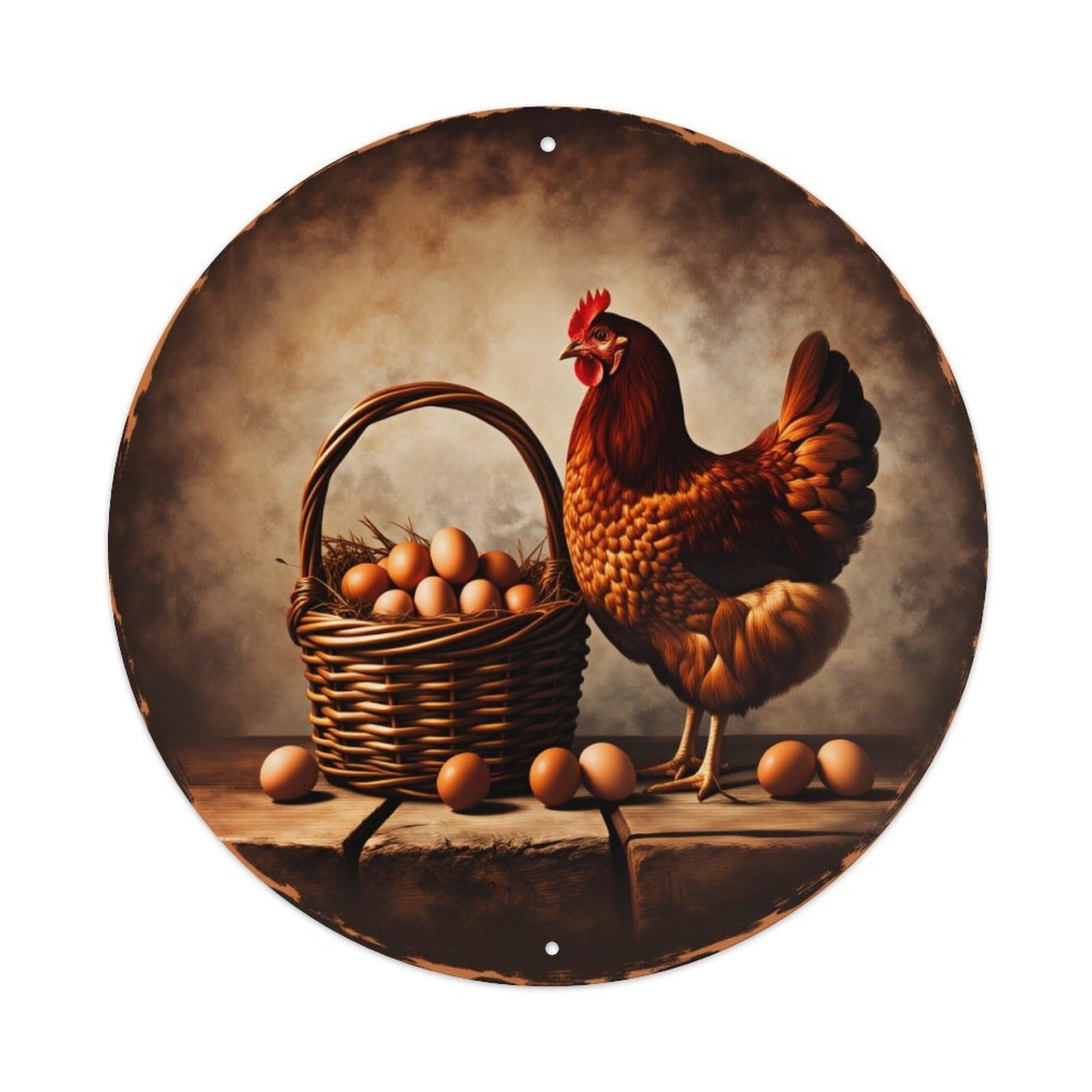 Chicken Basket Eggs Rustic Farm Vintage Metal Tin Sign Retro Wall Decor for Home Bar Garage Cafe, Indoor & Outdoor Decorative，circle Metal Poster, 8x8 Inch
