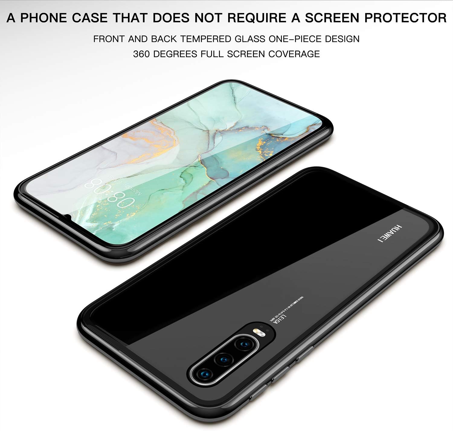 Huawei P30 Case, ZHIKE Magnetic Adsorption Case Front and Back Tempered Glass Full Screen Coverage One-Piece Design Flip Cover for Huawei P30 (Clear Black)
