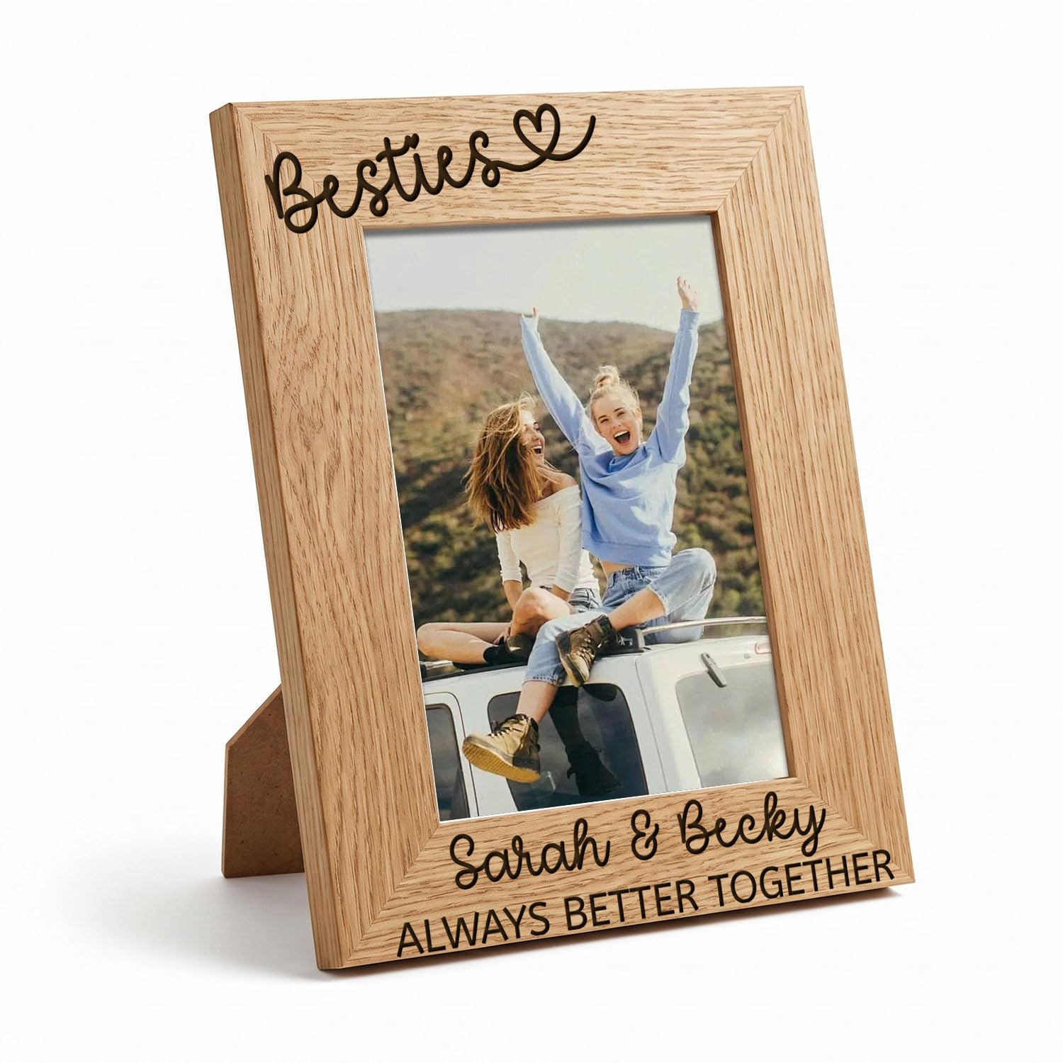 Personalised Besties Wooden Photo Frame for Best Friends, Custom Engraved 5x7 Picture Frame with Bespoke Names and Quote, Birthday or Friendship Gift for Her