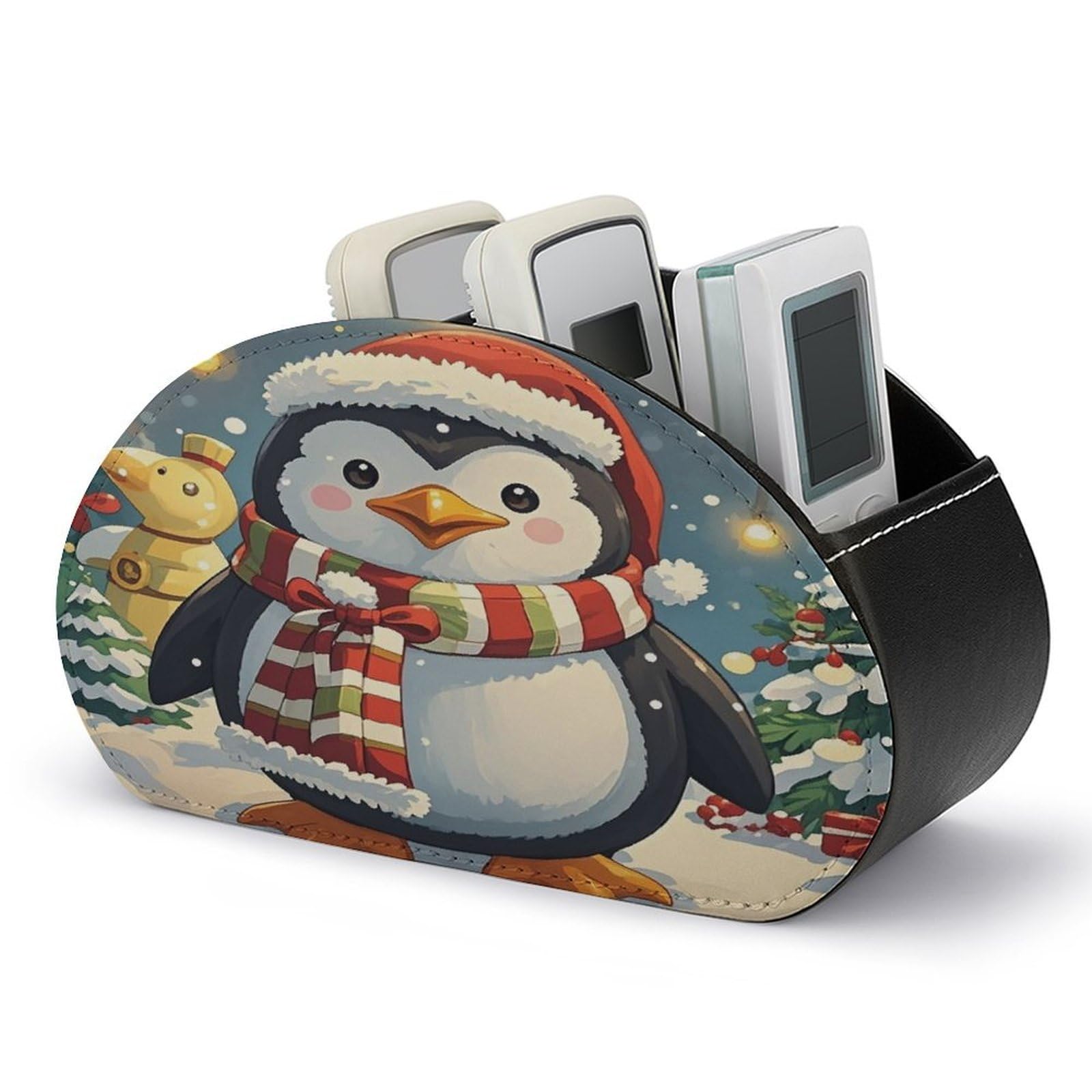 FekiLoot Christmas Funny Penguin TV Remote Control Holder with 5 Compartments Multi-functional Leather Bedside Table Remote Caddy Desktop Storage Box for Store Pen Controller Media Player Cosmetic