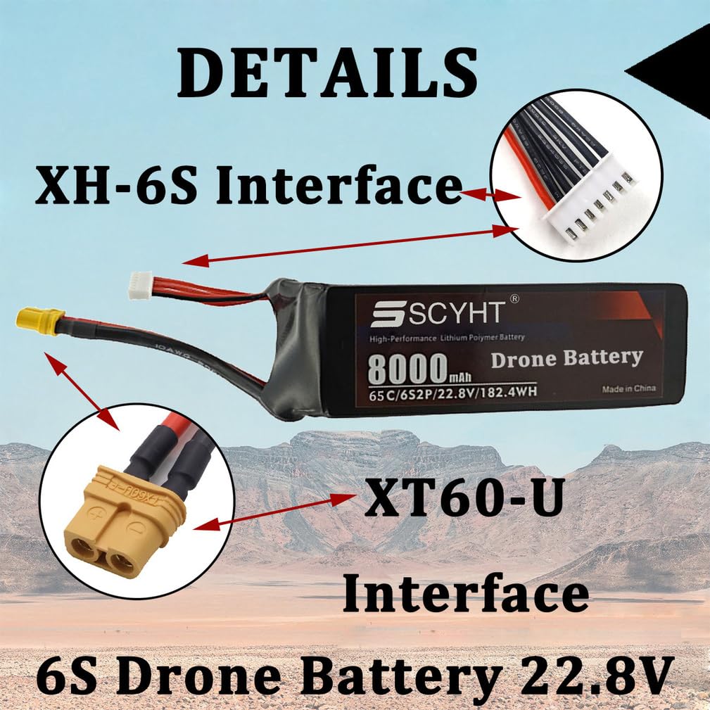 Batteria al litio 22,8 V Batteria Lipo 65C Batterie ricaricabili 8000 mAh Batterie droni per aeromodelli per motore 50 W a 200 W con porta XH-6S,22.8v8000mah 65c xt60 u 1pack