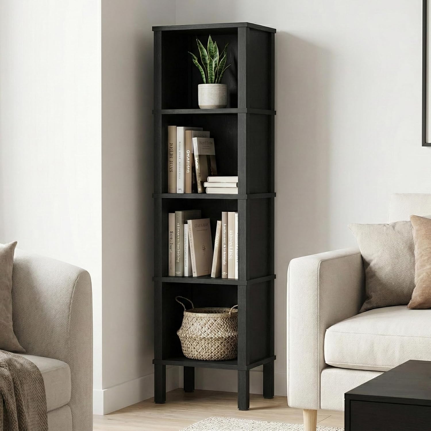 LAATOOREE 4-Tier Narrow Bookshelf for Small Spaces, Modern Cube Bookcase, Skinny Storage Shelving Unit, Open Display Rack, 14.2 x 11.2 x 52 inches, for Bedroom, Living Room, Home Office, Corner