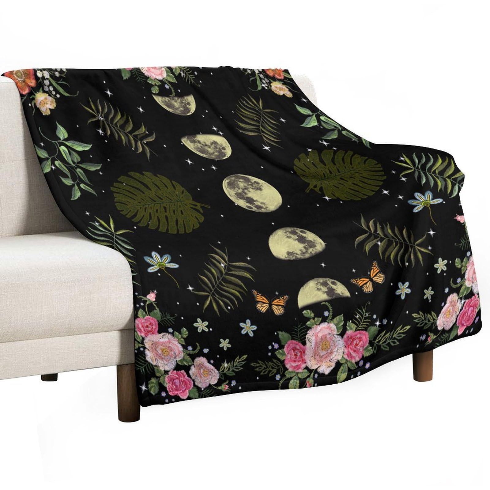 BenYaSong Moon Phase Blanket Moonlit Goth Gothic Witch Witchy Celestial with Butterfly Floral Leaves Mysticism for Farmhouse Home Sofa Couch Chair Livingroom Bedroom 60"x80"