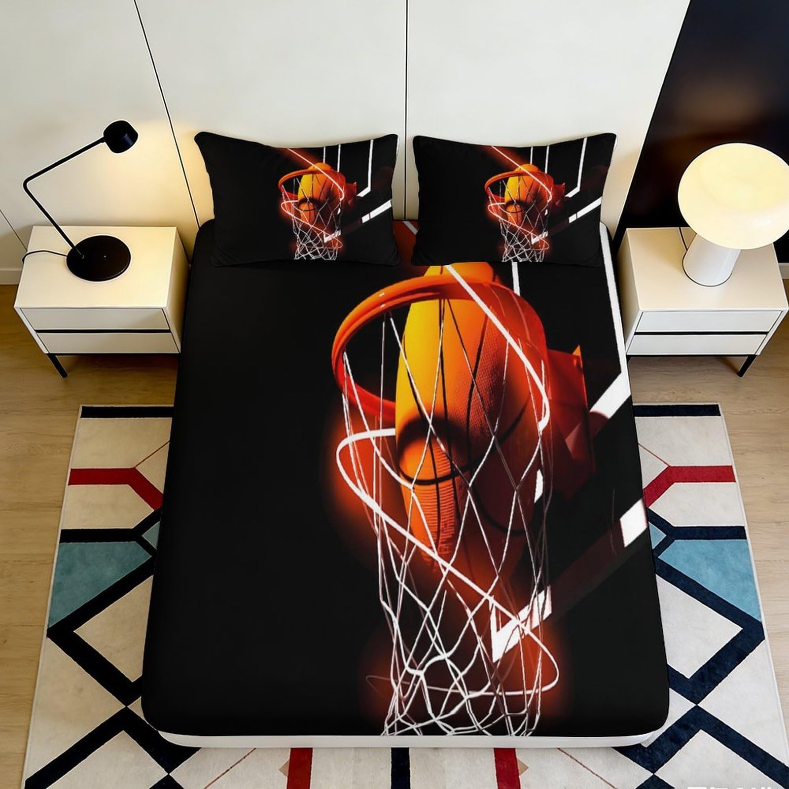 3D Printed Basketball Hoop Fitted Sheet Microfiber Soft Breathable Basketball Net Bed Cover for Bedroom Dormitory Guest Room Mattress Protection Decor 180x200x25cm