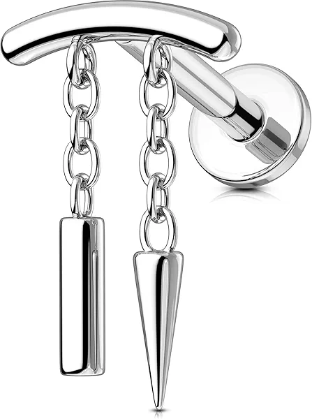 OUFER Chain Helix Piercing Jewelry, Dangle 316L Stainless Steel 16G Threadless Flat Back Piercings Helix Cartilage Piercing Jewelry for Women Men Silver 16g 6mm