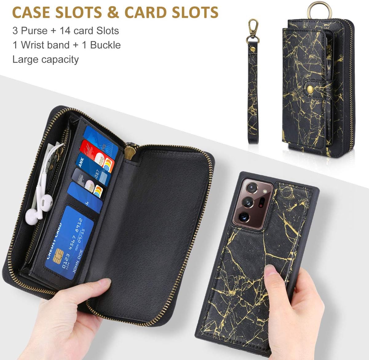 Petocase Compatible Galaxy Note 20 Ultra Wallet Case, Multi-Functional PU Leather Zip Wristlets Clutch Detachable Magnetic Card Purse Protection Cover for Samsung Galaxy Note 20 Ultra Gold Black