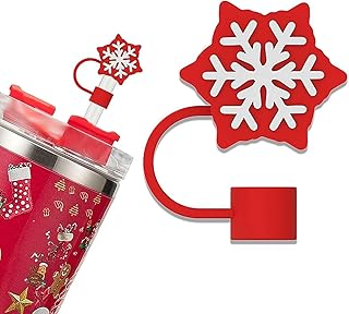 かわいいスノーフレークストローカバーキャップ 40オンスダストストローキャップ スタンレーカップ、クリスマスストロートッパー、シリコンストロートッパー ストローチップ 10mm/0.4インチストローカップアクセサリー用 (レッド+ホワイト)
