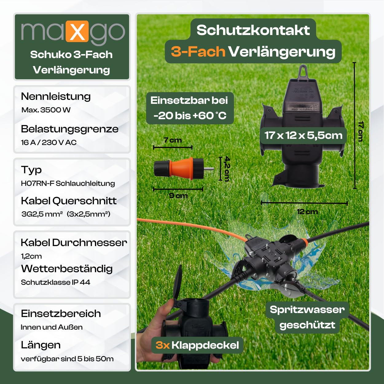 maxgo Verlängerungskabel 10m Außen 3Fach Verteiler Stromkabel Außenbereich Schuko Verlängerung 10 Meter Outdoor Verlängerung Kabel Steckdosenleiste 3-Fach Mehrfachstecker Multisteckdose 3x2,5