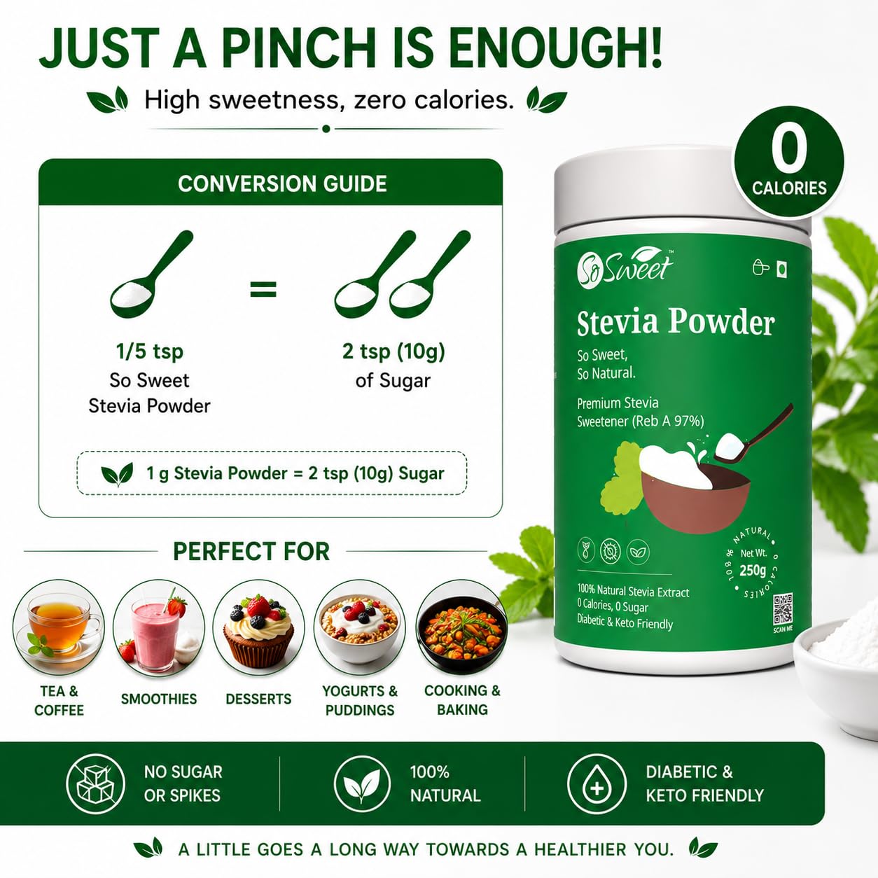 So Sweet Stevia Powder 100% Natural Sweetener - Sugar Free (Pack of 2) 1kg & 250gm 1