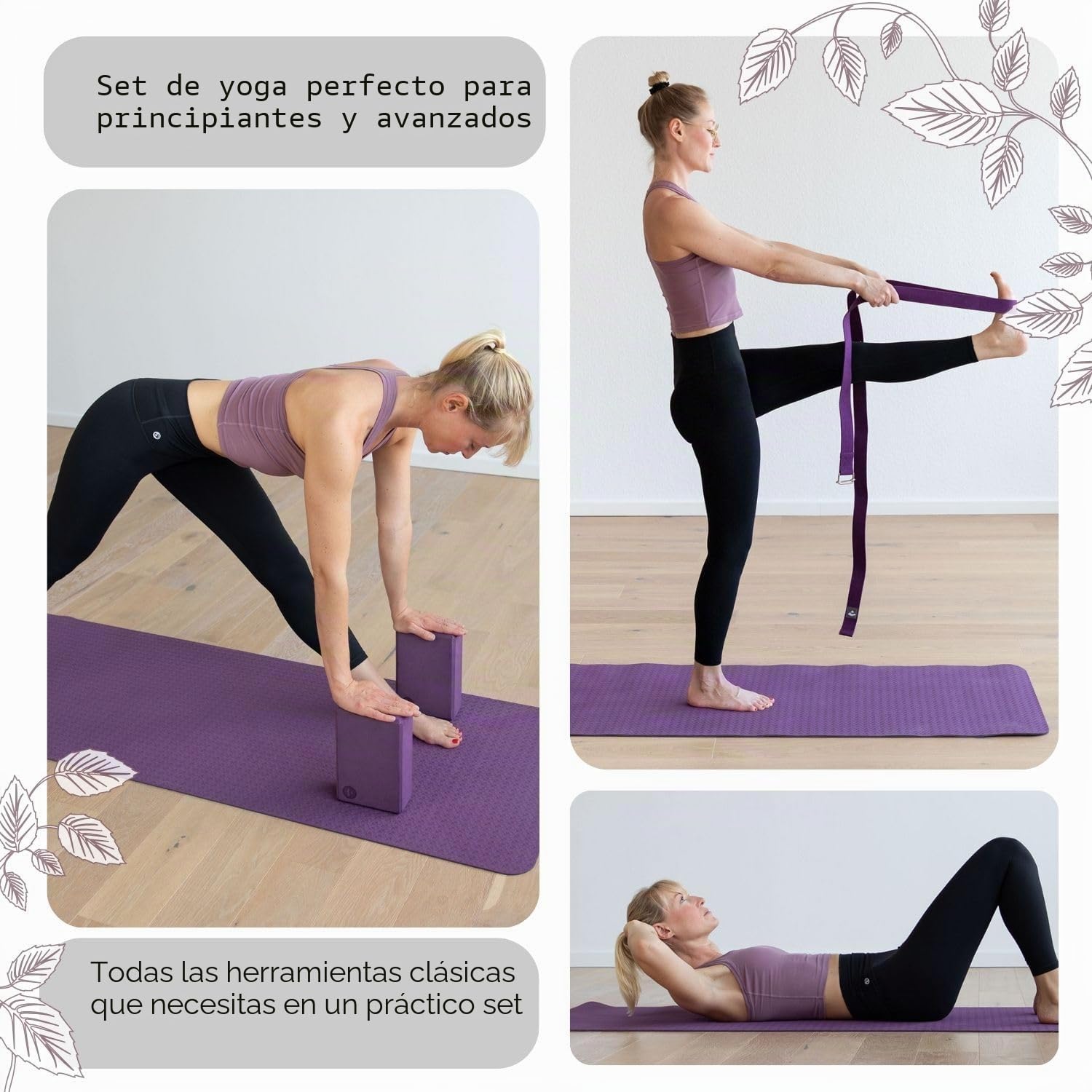 Bodhi Juego completo de iniciación de yoga, esterilla de yoga antideslizante de TPE, incluye 2 bloques de yoga de EVA (goma) y 1 correa de yoga de algodón, juego de principiantes para principiantes