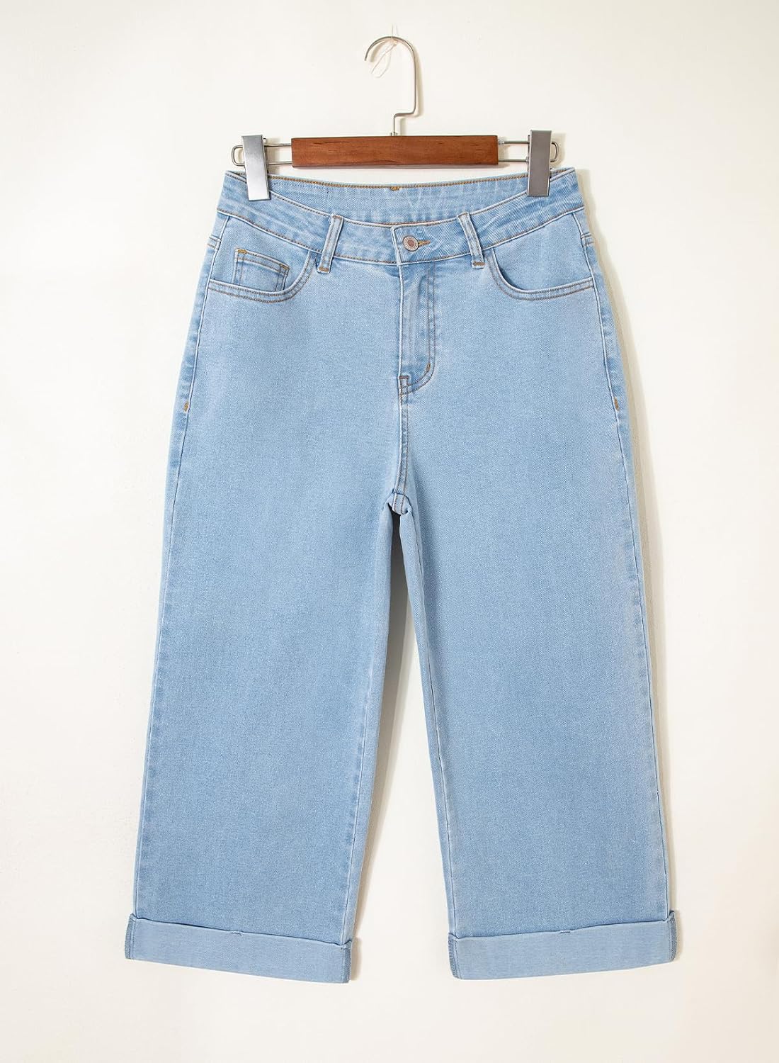 Sidefeel Women's Wide Leg Jeans High Waisted Stretchy Cropped Ankle Capri Rolled Hem Denim Pants - Image 6