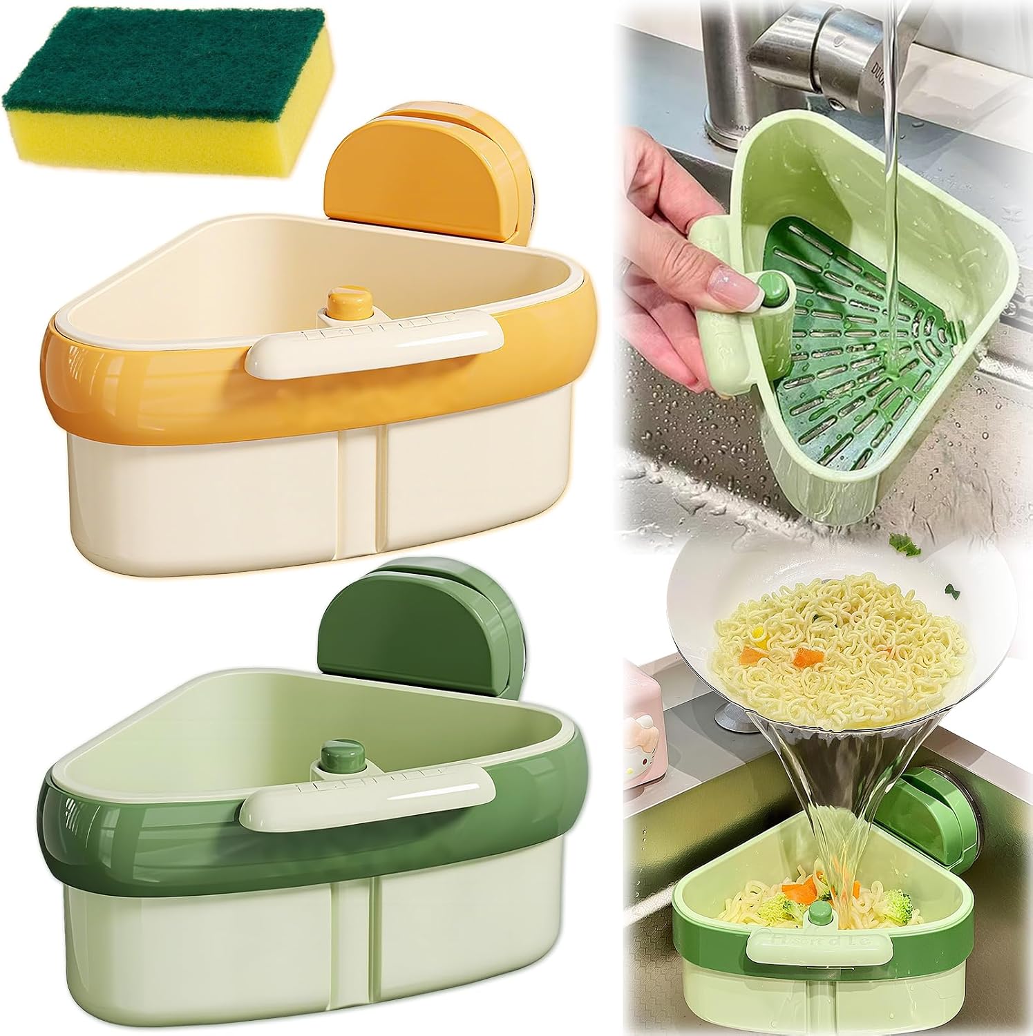 2PCS Suction Cup Sink Corner Racks, Corner Sink Strainer, Sink Corner Rack Strainer with Automatic Press-To-Dump Design, Sink Strainer Basket with Duty Dish Sponge, Multifunctional Food Waste Catcher.