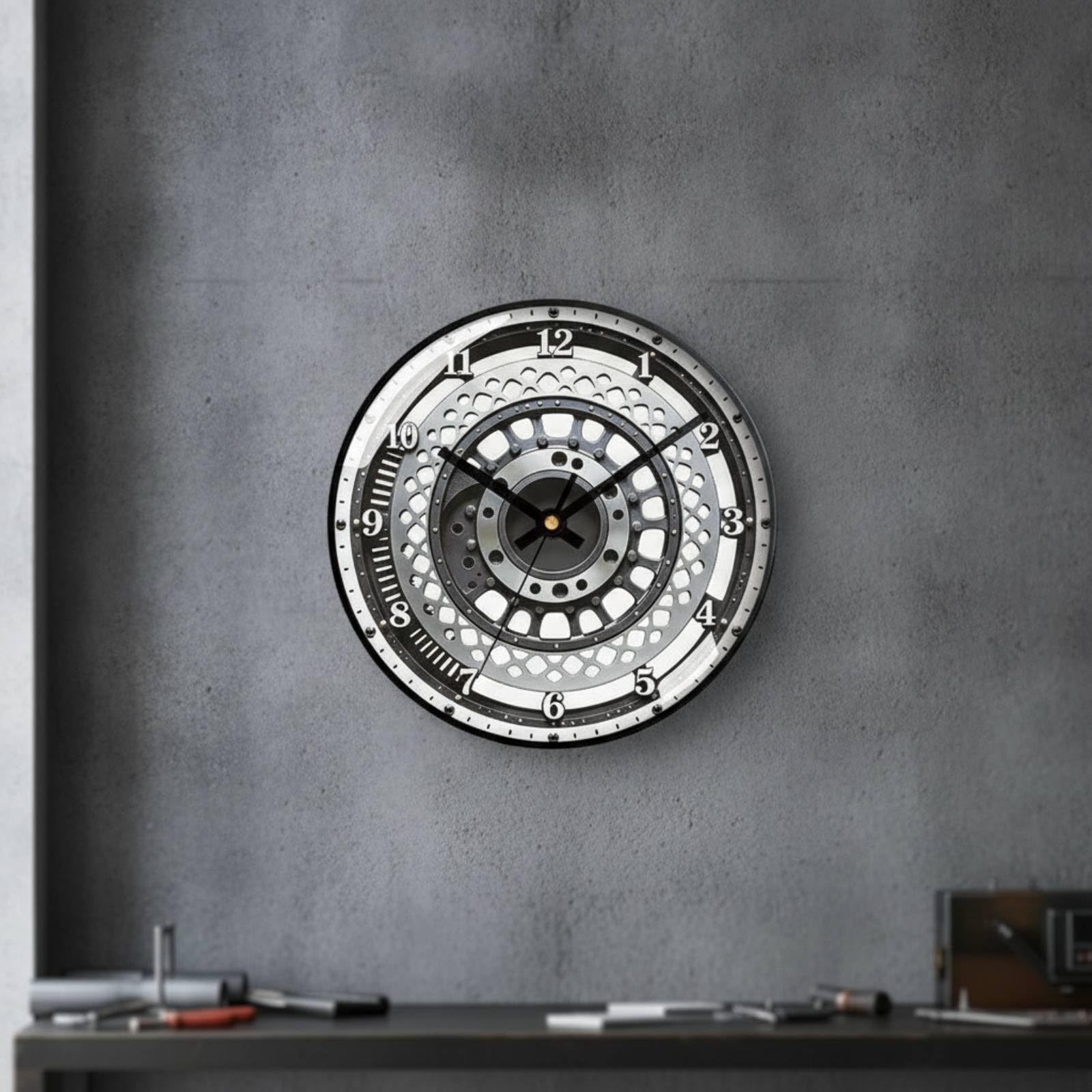 Orologio da Parete Rotondo con Design, 35cm 14 Pollici, Orologio Da Parete Industriale Con Design A Disco Freno, Cornice Nera, Modello 4