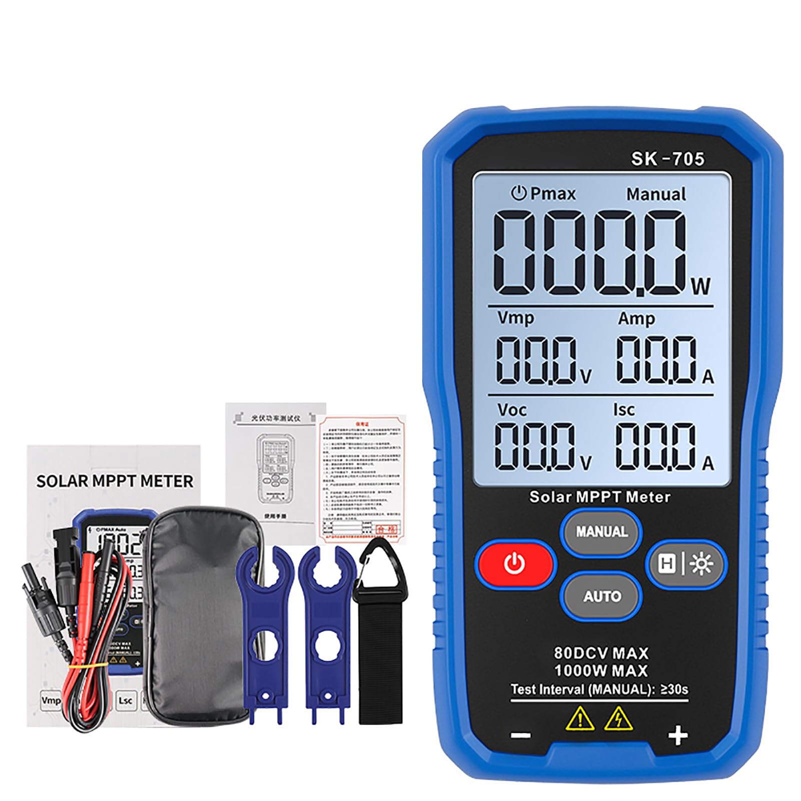 Eujgoov Tester Mocy Panelu Słonecznego Przenośny Tester Fotowoltaiczny z Wyświetlaczem 3,2 Cala, 1000 W, 80 V, 35 A, Wielostykowym 4 Haczykiem do Zawieszania Przewodów Pomiarowych dla Techników