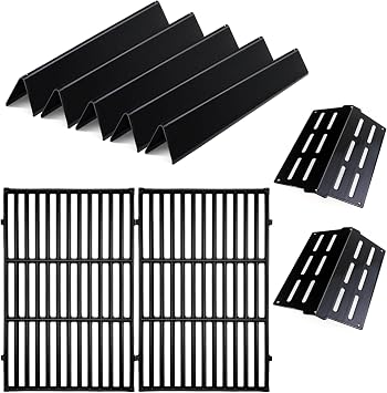 Porcelain Steel Heat Deflectors Plates Flavorizer Bars with 2Pack Cast Iron Cooking Grates for Weber Genesis Grill Replacement Parts E300 S300 Sereies 7524 7528 7620 7622 Replace