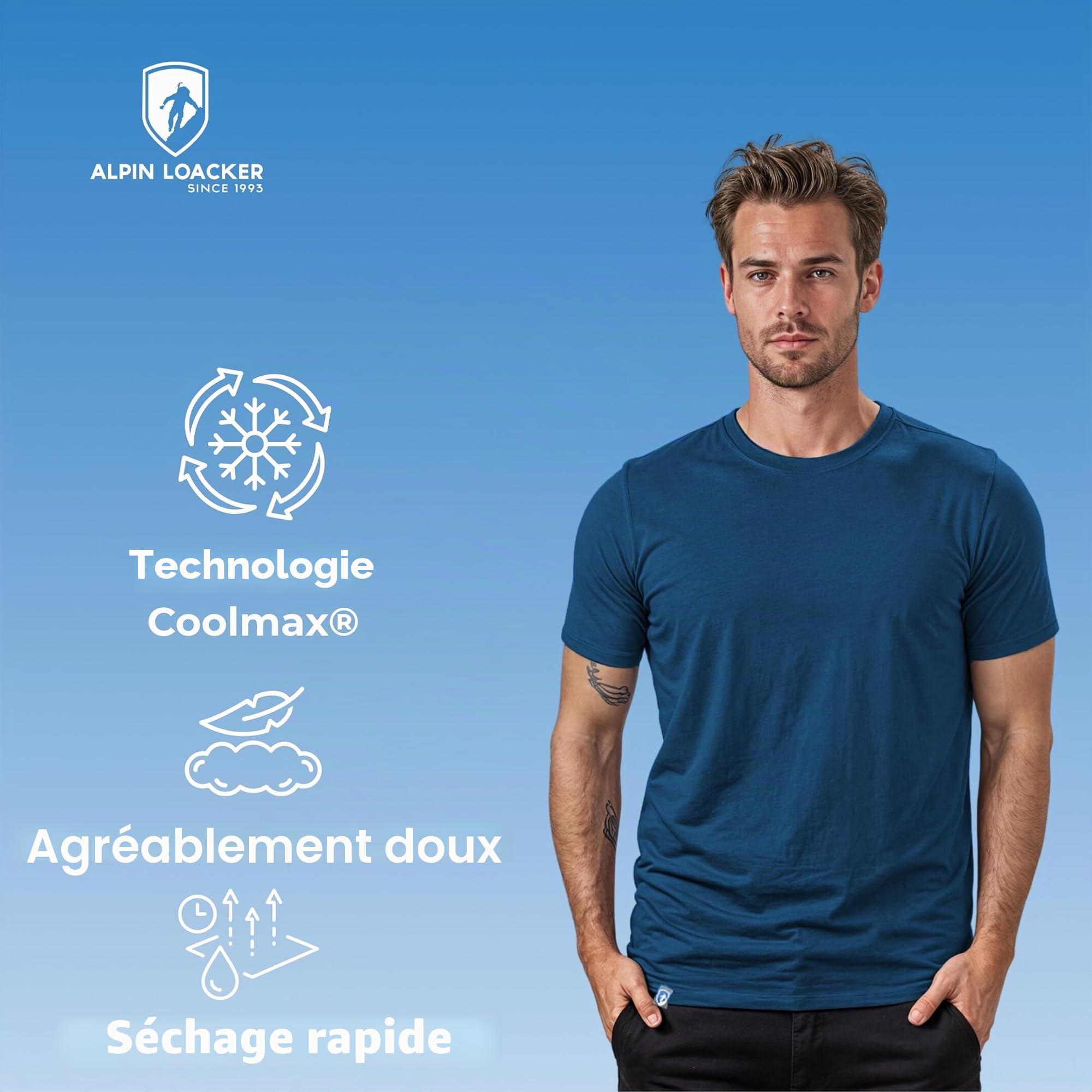 ALPIN LOACKER Coolmax T-Shirt en Laine mérinos à Manches Courtes pour Homme 150 g/m² I T-Shirt Anti-Transpiration I T-Shirt en Laine mérinos I Haut Thermique rafraîchissant Respirant