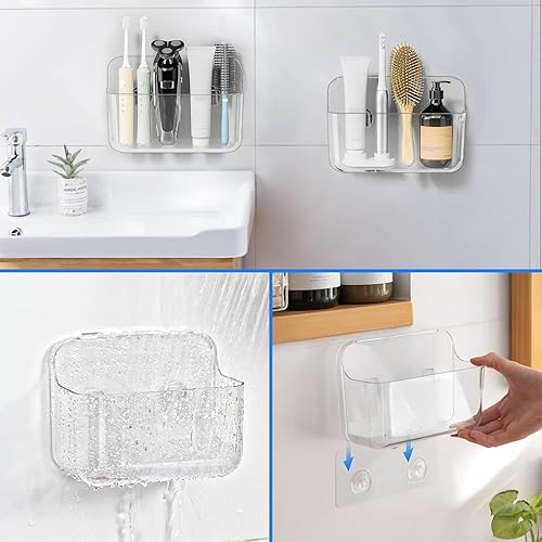 Miniatura 5 de 2 organizadores de plástico para montaje en pared, organizador de puerta de gabinete transparente adhesivo, estantes de baño para pared, paredes