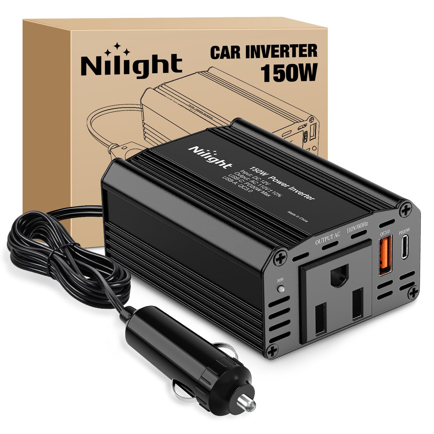 Nilight 150W Power Inverter 12V DC to 110V AC Car Converter with PD 30W USB C & QC3.0 for Phones Tablets Laptop Computer Game Console Kindle iPad DVD Players Black