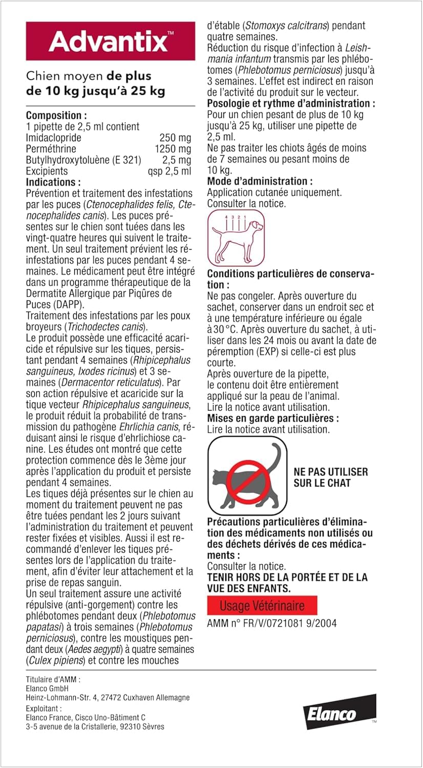 Advantix Chien Moyen entre 10 et 25 kg – Pipettes pour chien contre 6 parasites – Traitement en pipette pour une protection en continu pendant 4 semaines – 6 x 2,5 ml