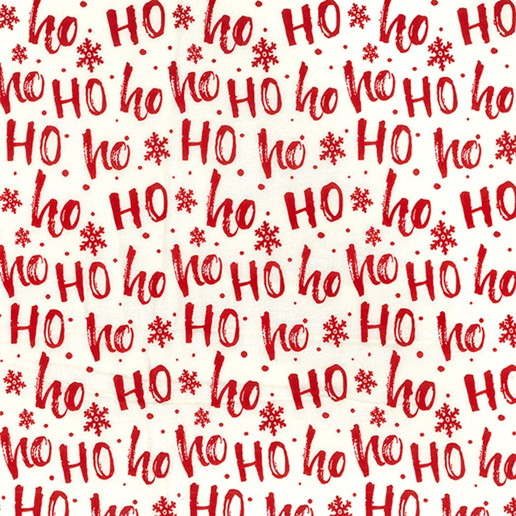 Oddies Red Christmas Fabric - Ho Ho Ho & Snowflakes On Cream - Xmas Craft Fabric Material Metre