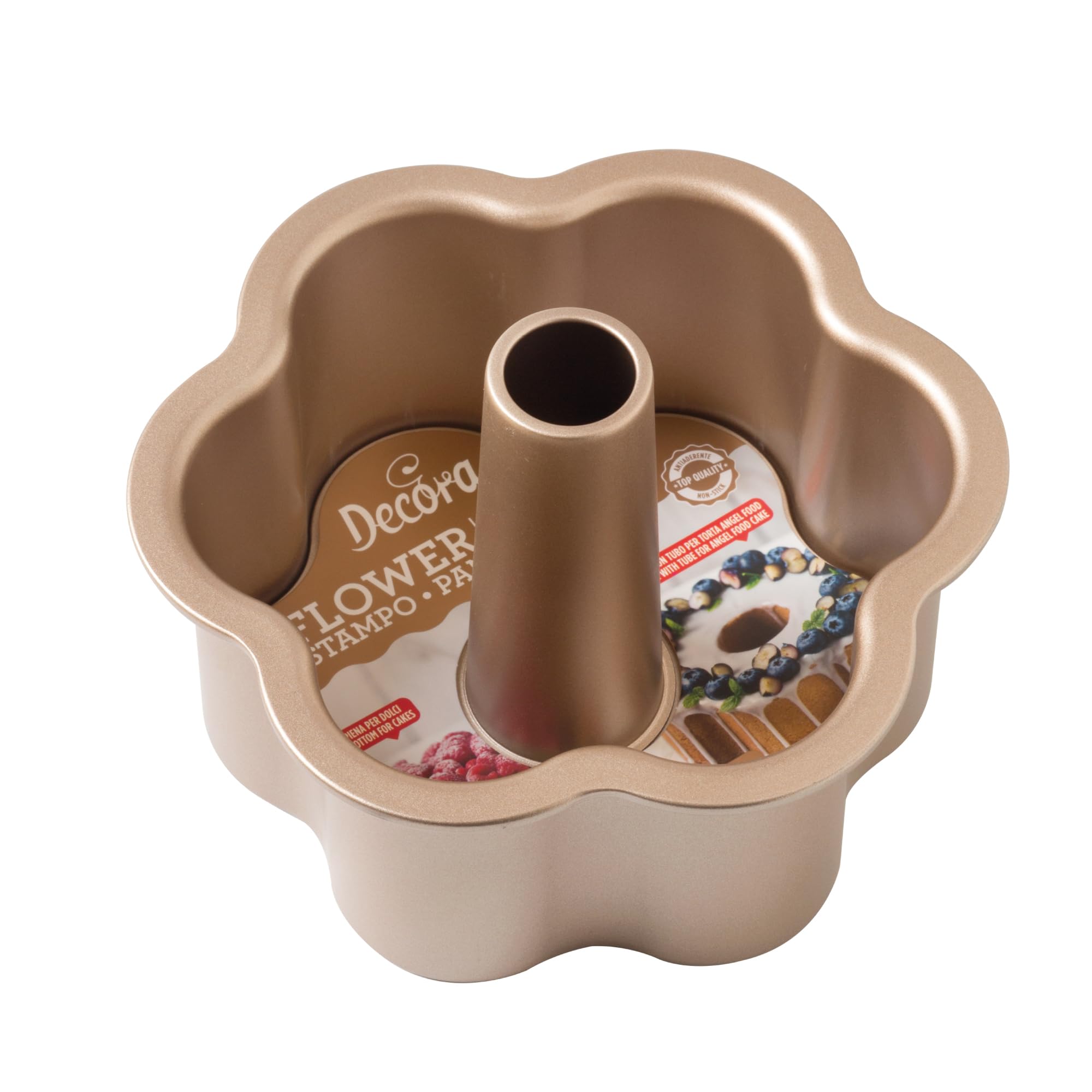 Decora, 0070108 Stampo Gold Line Angel Food Ø 22 X 10 cm, Ideale per Preparare l'Angel Food, Stampo Con Base Piatta Removibile per Dolci Classici a Forma di Fiore, In Robusto Metallo Antiaderente