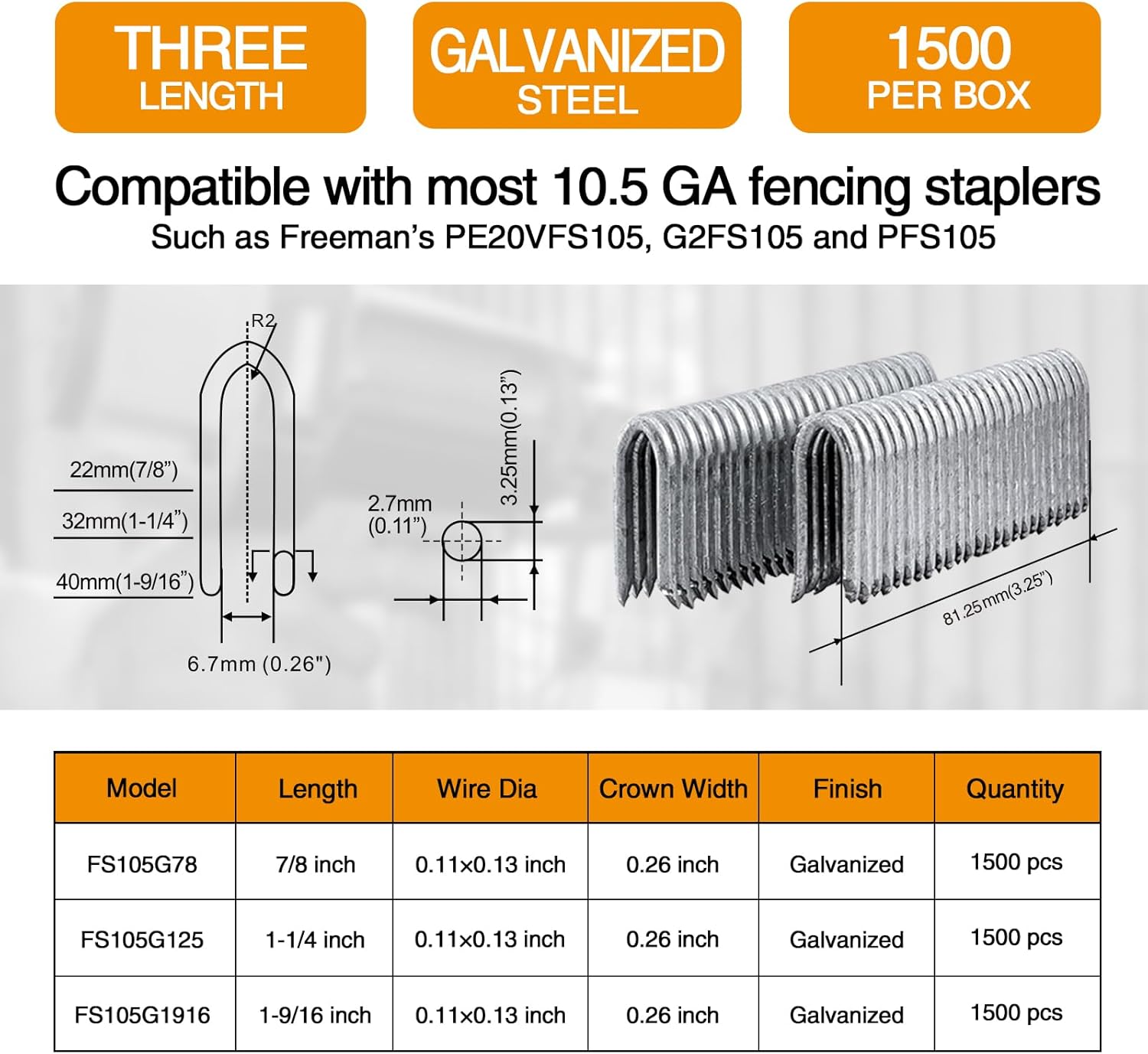 Freeman 10.5-Gauge 1-9/16" Fencing Staples | Glue Collated | Galvanized Steel | 1,500 Count | for Livestock Wire, Mesh, Chain Link Fencing & Ground Wire Installation | FS105G1916