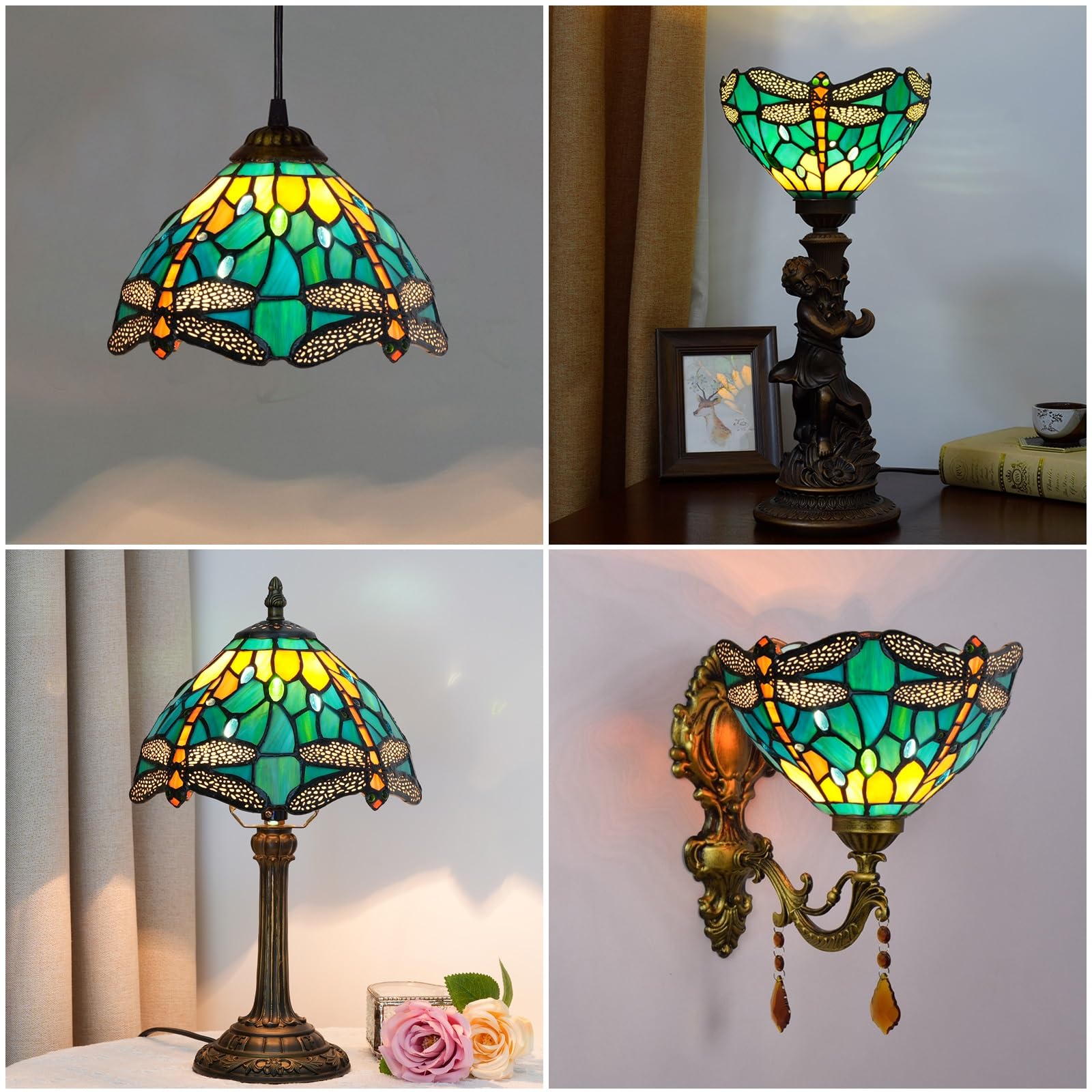 Tiffany Wymienny klosz lampy, 20 cm, małe witraże, lampa sufitowa, zielona, żółta, ważka, styl vintage, art deco, do wiszących lamp ściennych, żyrandola