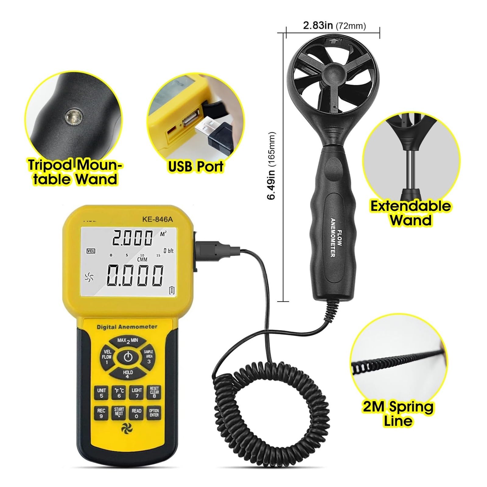 Velocità del -vento, con retroilluminazione e anemometro for mantenimento dati. Misuratore di portata d'aria portatile HVAC(846A)