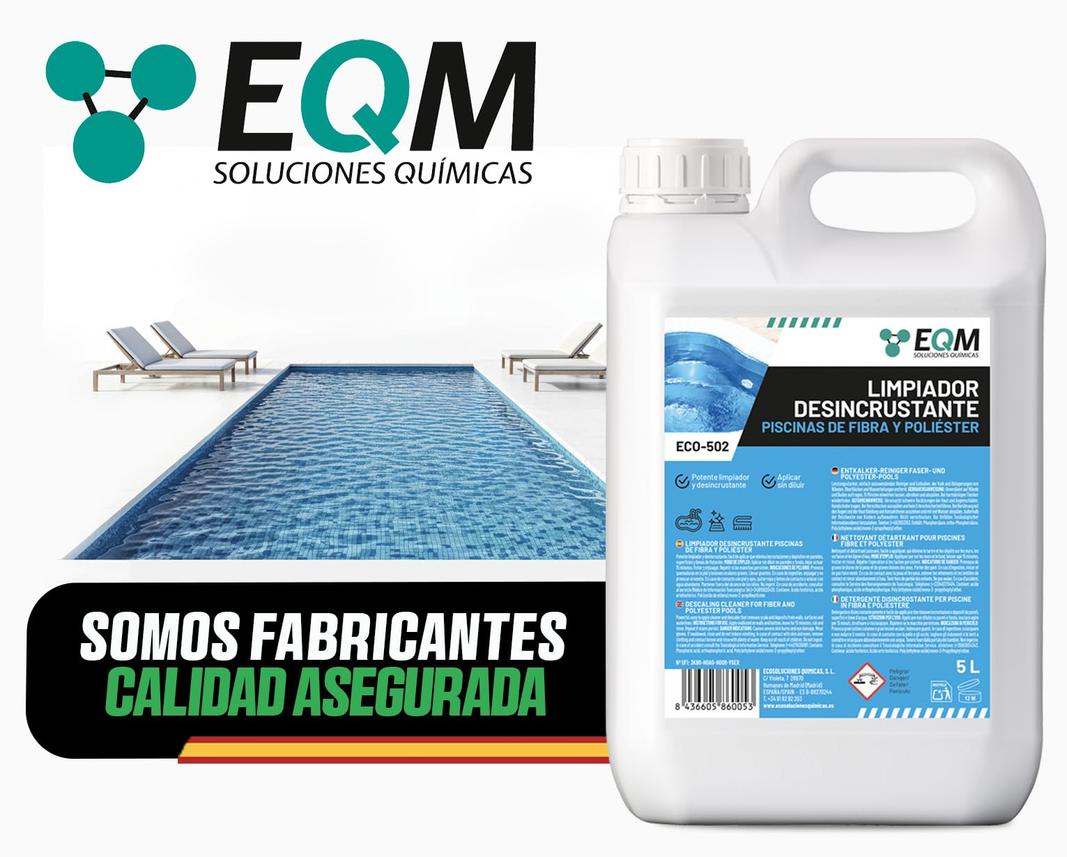 EQM - ECO-502 - Limpiador Desincrustante Piscinas Fibra-Poliéster - 5L - Limpieza del Vaso, Bordes y línea de flotación - Elimina Todo Tipo de Incrustaciones