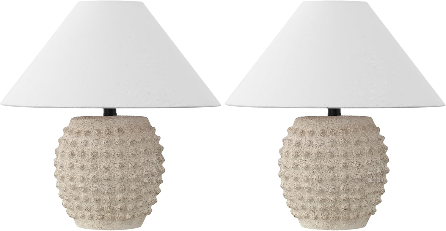 JONATHAN Y 18.25" Matte Cream Ceramic Hobnail Table Lamp Set of 2 for Bedroom, Modern Minimalist Farmhouse Bedside Nightstand Lamps, White Linen Shade, LED Bulbs Included (JYL5601B-SET2)