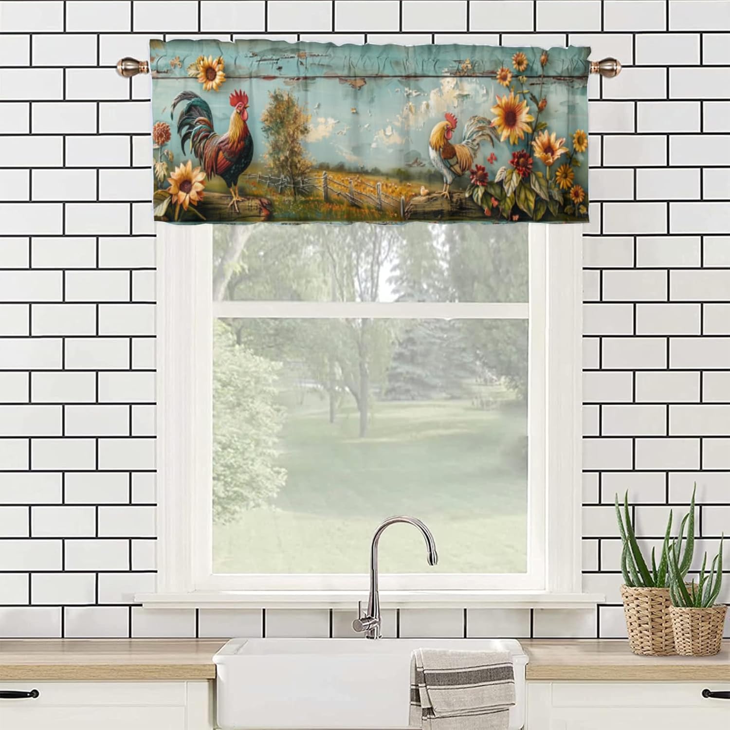 Rooster, Valances Curtains for Kitchen Windows American Western Farm Watercolor Sunflower Chicken Rod Pocket Valance Curtain for Living Room Bedroom 54x18inch(2Pcs)