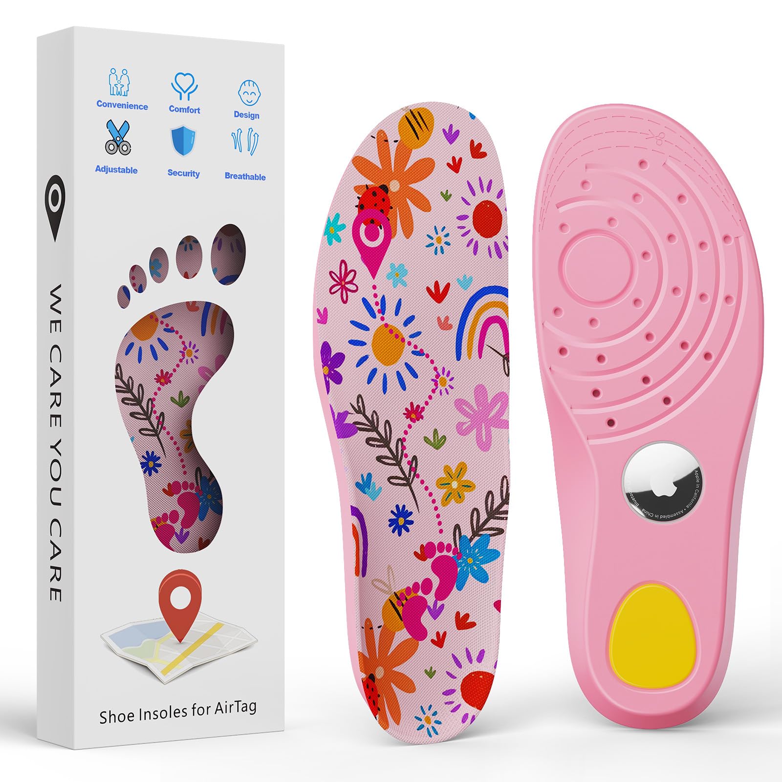 Insoles Compatible with Airtag Hidden Holder for Kids, Tracker Device Case Comfortable Shoe Inserts for Children Adults and Elderly, Cute Flower