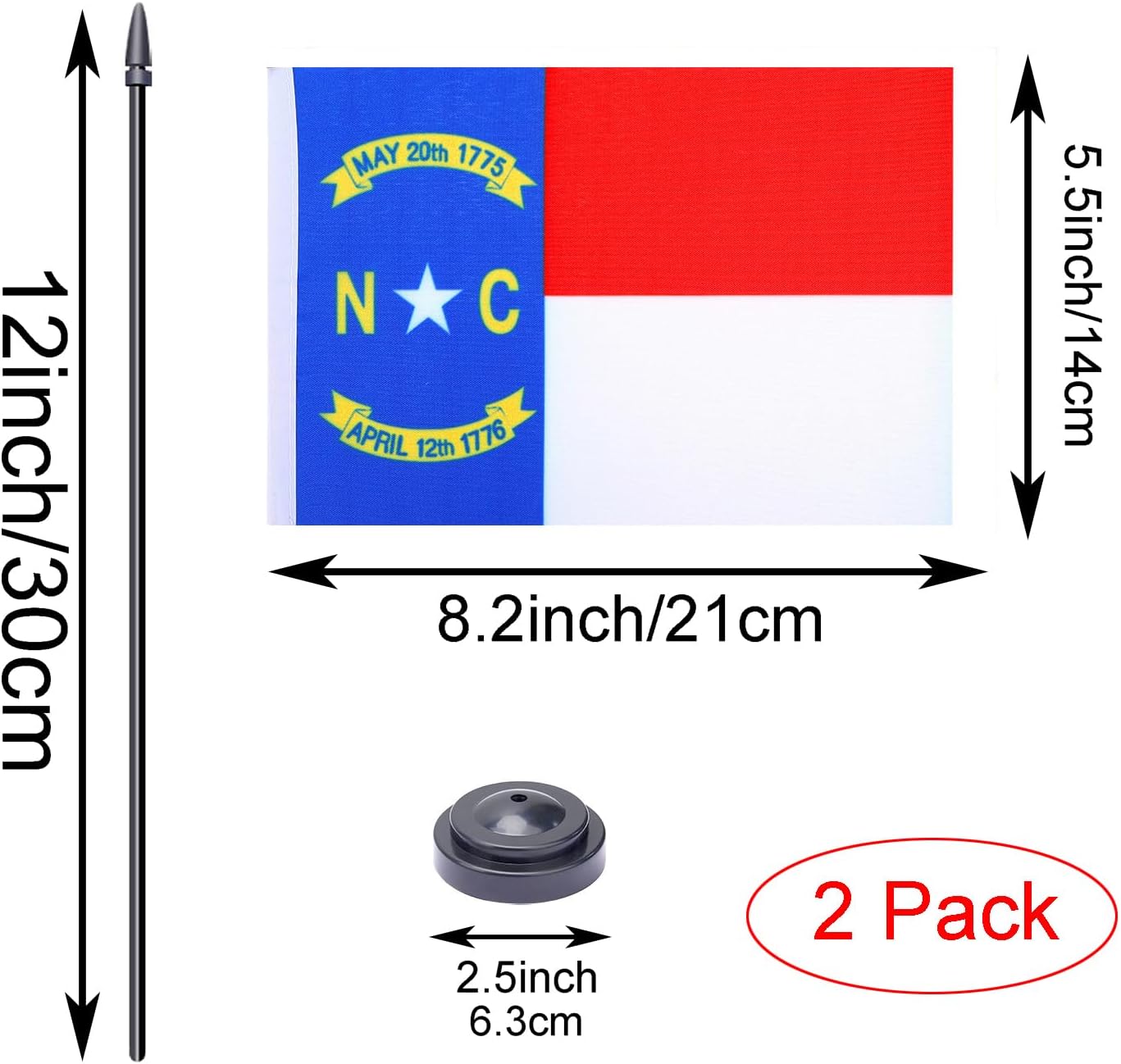 WXTWK 2 Pack USA North Carolina Flag North Carolina State Desk Flag Set - Mini Small North Carolina Table Office Flags with Black 12" Solid Pole Stand Base Classroom Meeting Desktop Decorations - Image 2