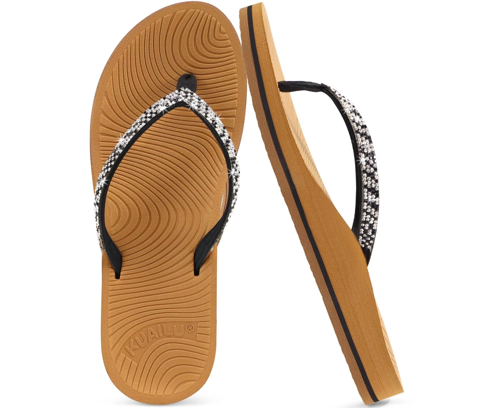 KuaiLu Frauen Strass Flip Flops mit Komfort Bogen Unterstützung Yoga Matte Kissen Sandalen Mode Sommer Strand Reisen Orthotic Walking Thong Sandles Slip auf Plantar Fasciitis Indoor Outdoor Schuhe